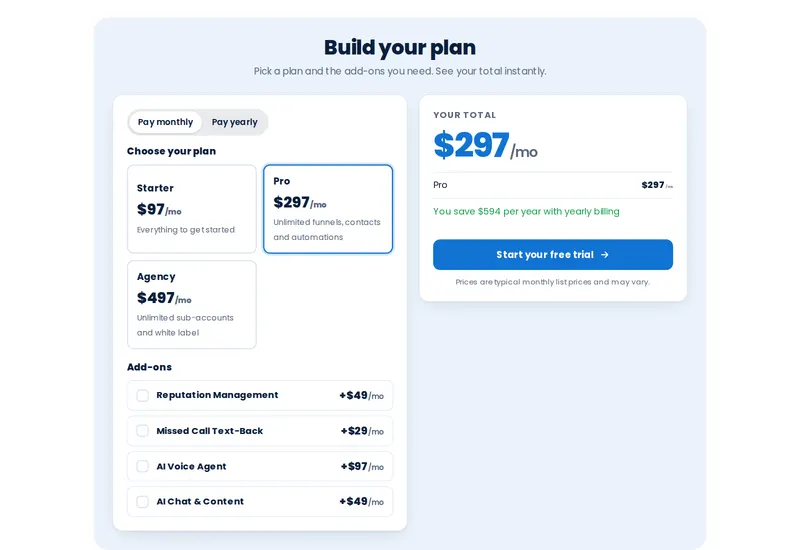 Price builder calculator template with selectable options and a live total