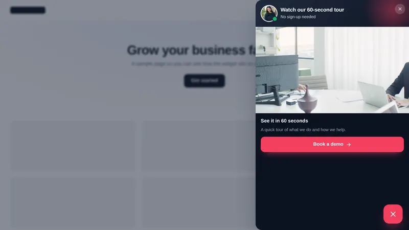Dark video drawer floating widget opened on a sample website