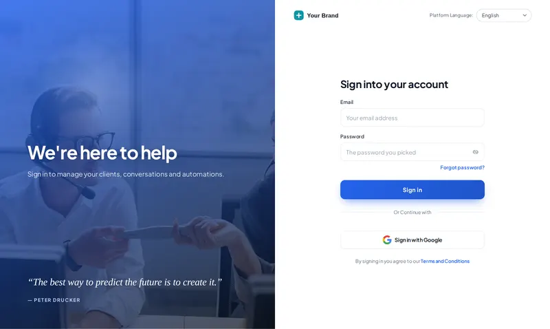 GoHighLevel login page with the Split hero design: photo panel with a message on the left, sign-in form on the right
