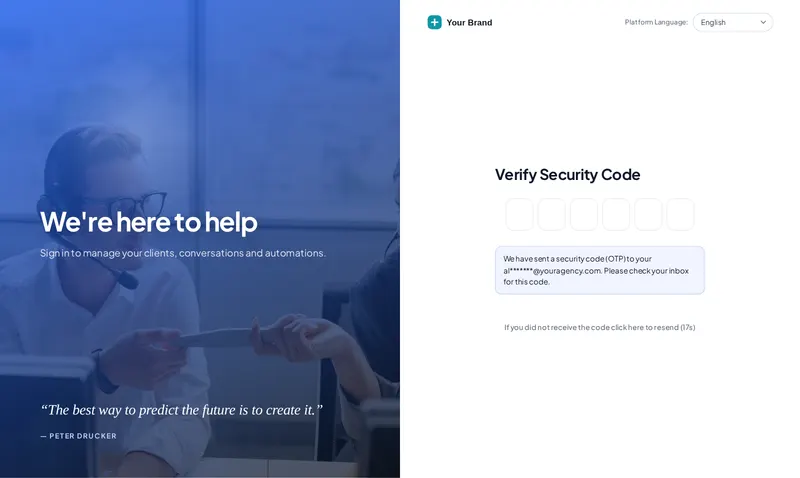 Two-factor code screen of the Split hero GoHighLevel login design