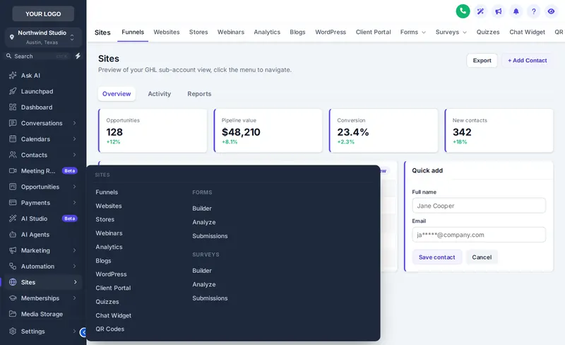 GoHighLevel sidebar with a mega menu open in the Columns style, Slate Corporate theme