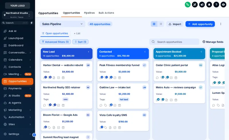 GoHighLevel opportunities board with the Ocean Pro design: solid blue stage header bands