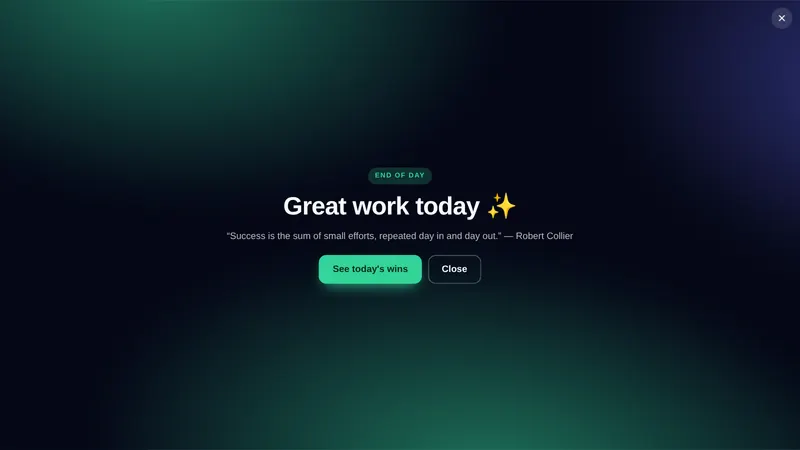 Aurora evening wrap-up full-screen popup shown inside GoHighLevel