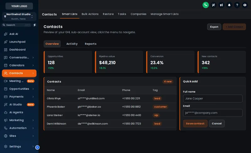 GoHighLevel contacts page in dark mode with the Midnight Ember theme and Side Accent UI kit
