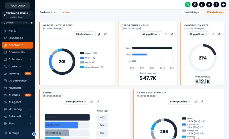 GoHighLevel sub-account restyled with the Midnight Ember theme, the Side Accent UI kit and the Slate Minimal dashboard design